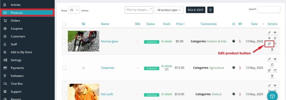 Accessing the product edit page